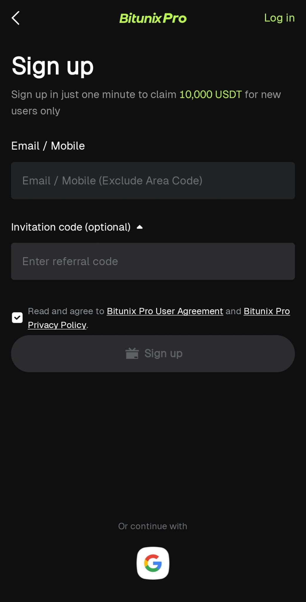 ثبت نام در اپ Bitunix Pro